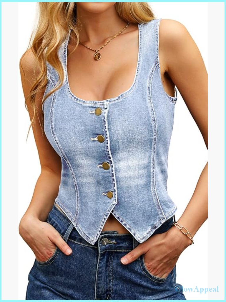 Cropped Denim Vest U-Neck Sleeveless Y2k Button Front Jean Top
